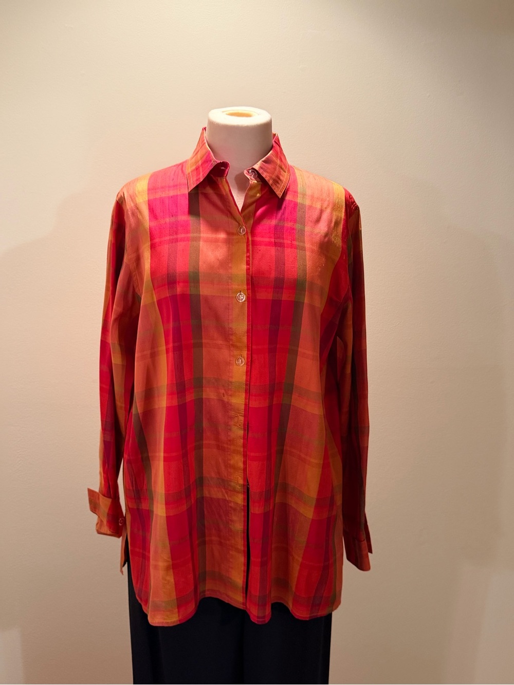 Saks Fifth Avenue Red and Orange Plaid Button-Down Shirt